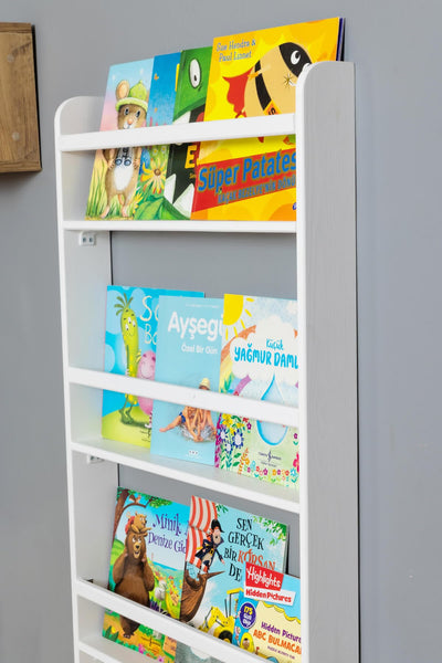 Montessori Wall-Mounted Solid Wood Bookshelf for Kids - 4 Tier Display in White