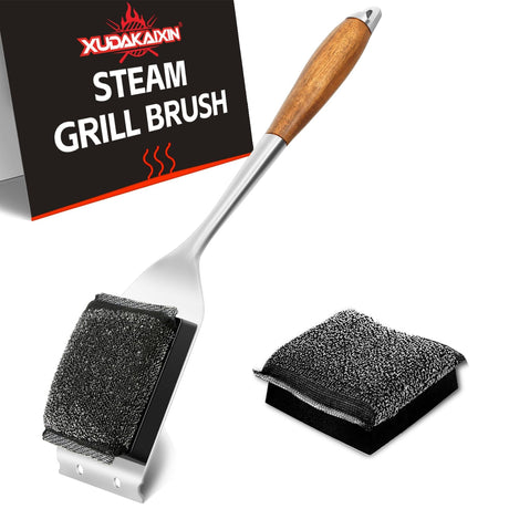 XUDAKAIXIN Grill Brush Bristle Free,Unique Steel Fibers Pad Perfect for Grill Grates/Blackstone Griddle - with Strong Stainless Steel Wooden Handle and 1 Cleaning Head,Grill Brush for Outdoor Grill XUDAKAIXIN