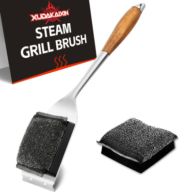 XUDAKAIXIN Grill Brush Bristle Free,Unique Steel Fibers Pad Perfect for Grill Grates/Blackstone Griddle - with Strong Stainless Steel Wooden Handle and 1 Cleaning Head,Grill Brush for Outdoor Grill