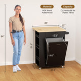 Rolling Mobile Kitchen Island with Drop Leaf, Portable Cart with Rubberwood Top, Spice Rack, and Drawers for Dining Room, Trash Cabinet Tilt Out 10 Gallon Storage, Black Vabches