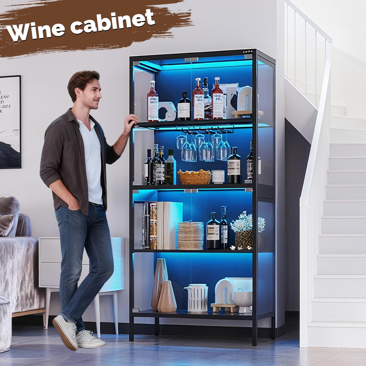 XCXVVB Display Cabinet,Display Case with Glass Doors,4-Tier Curio Cabinet with 5 Color LED Hights,Heavy Duty Free-Standing Bookcase for Exhibition Hall,Living Room XCXVVB