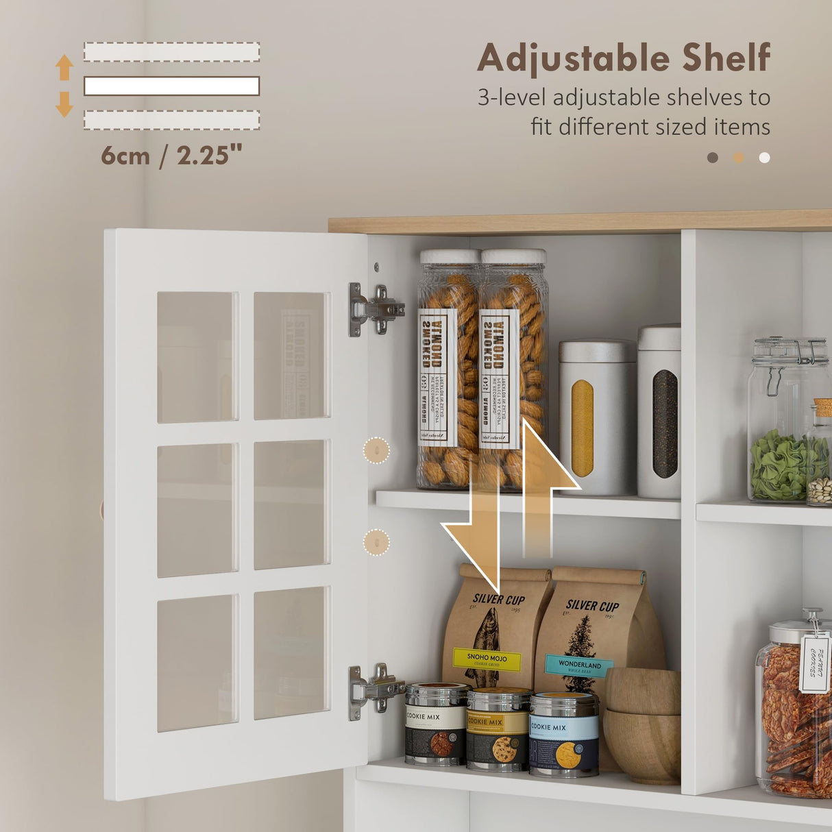 HOMCOM Kitchen Pantry Cabinet, 72" Freestanding Storage Cabinet with Hutch, Large Countertop, Glass Doors and Adjustable Shelves, Microwave Cabinet, Coffee Bar Cabinet for Dining Room, White HOMCOM