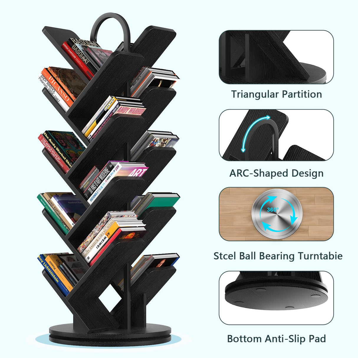 TVU 18-Tier Tree Rotating Bookshelf, 360 Degree Spinning Standing Bookcase for Magazines DVDs Books, Corner Bookcase for Living Room Bedroom Study (Black) TVU