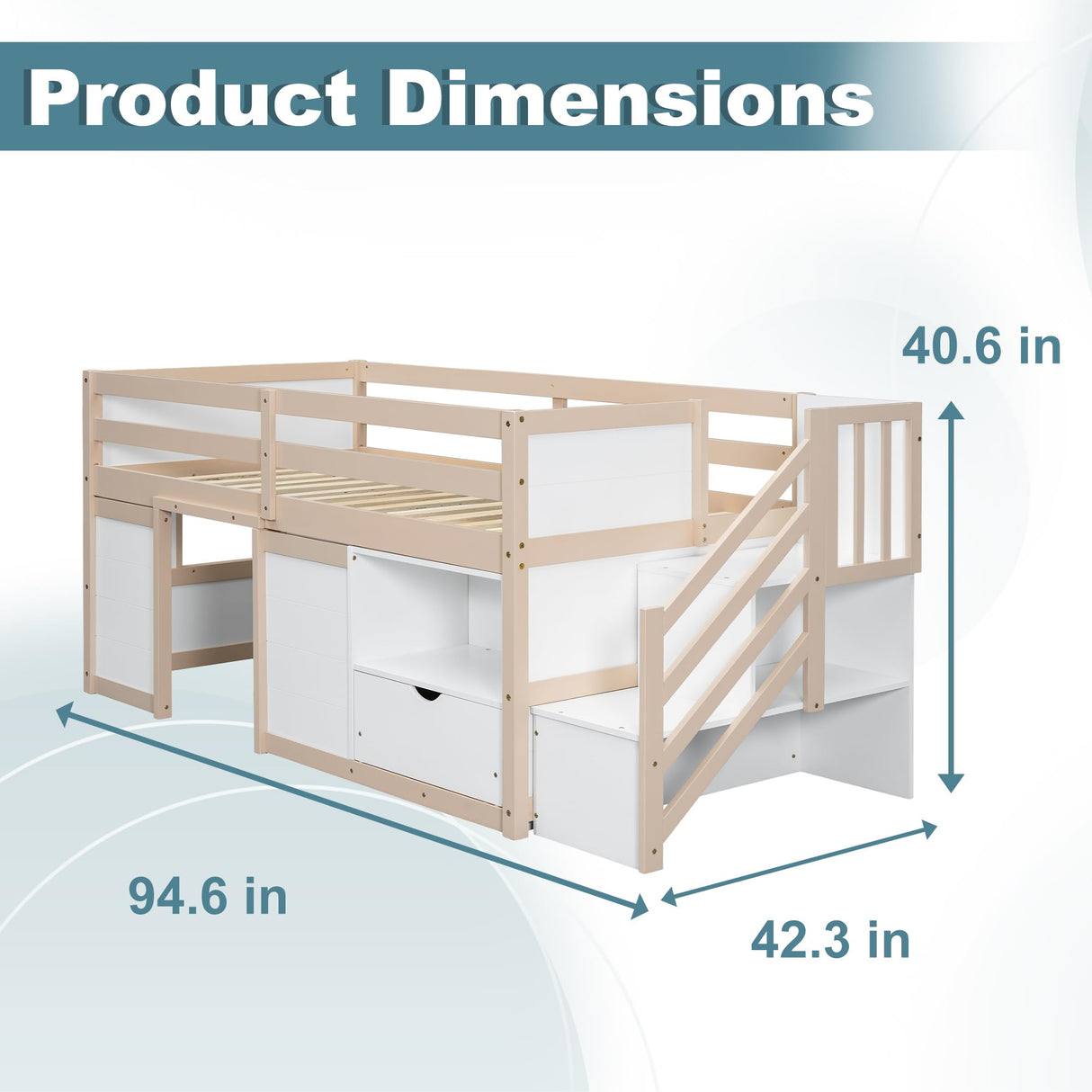 Okak Twin Size Low Loft Bed, Kids Loft Bed Frame with Playhouse, Drawer, Shelf, Stairs for Storage, Toddler Beds Frame with Safety Guardrail and Strong Wood Slats for Girls or Boys - White & Cream Okak