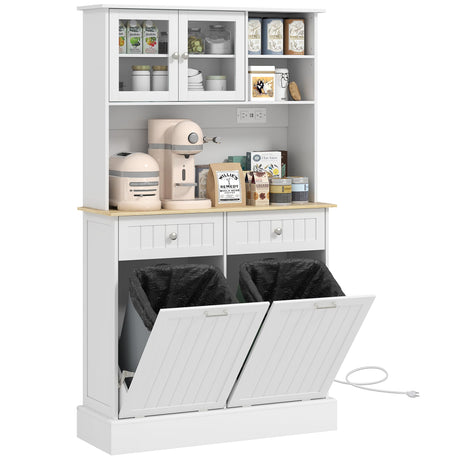 HOMCOM 68" Kitchen Pantry Storage Cabinet with Charging Station, 2 Tilt Out 10 Gallon Trash Can Cabinets and Drawers, Freestanding Kitchen Hutch with Glass Doors and Adjustable Shelf, White HOMCOM