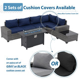 JOIVI 7 Pieces Outdoor Patio Furniture Set with 45” 50000BTU Fire Pit Table, Rattan Patio Conversation Set with Coffee Table, L-Shaped Sectional Sofa and Propane Fire Pit Set, Navy Blue JOIVI