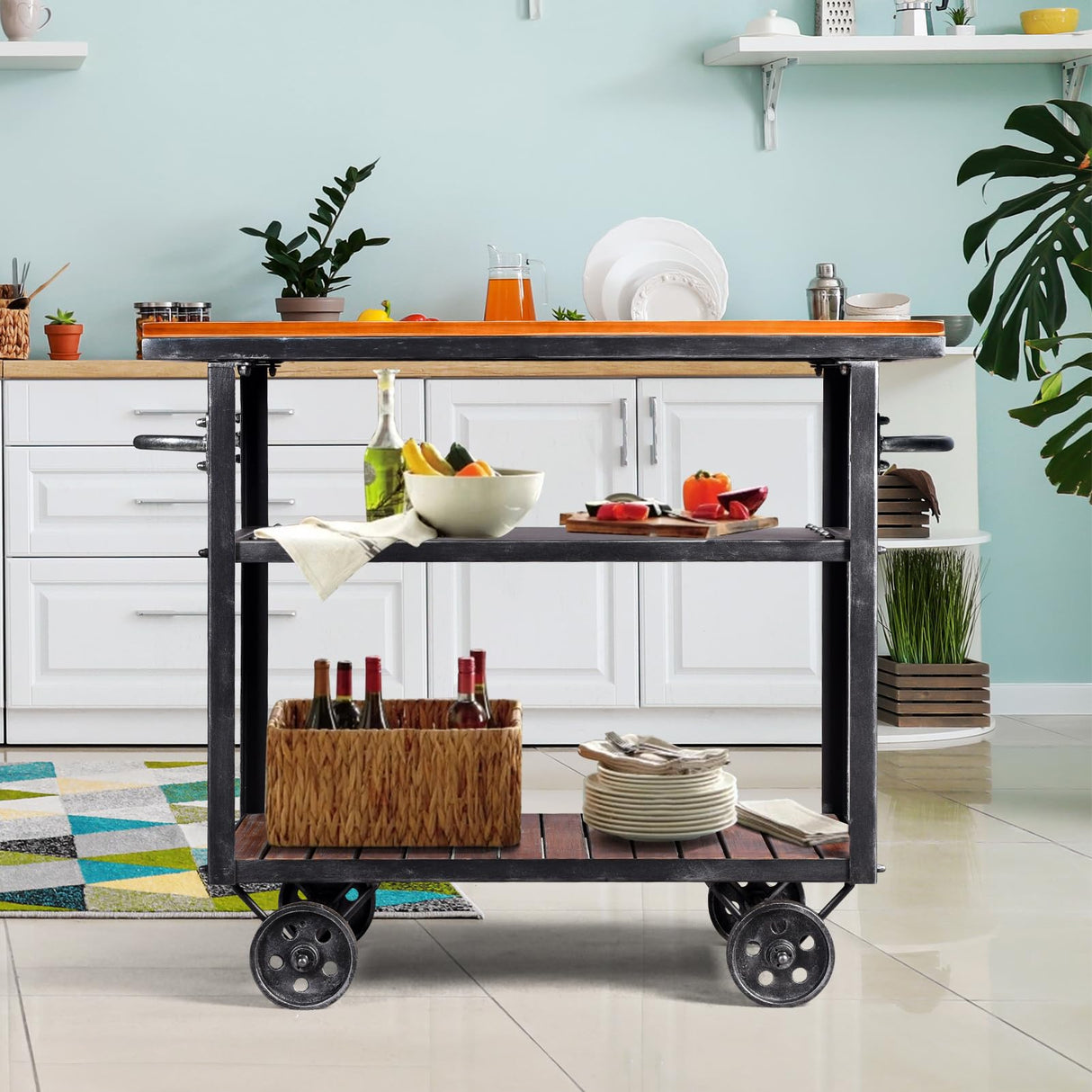 BOKKOLIK Vintage Rolling Bar Cart on Wheels Industrial Mobile Serving Cart Metal and Wood Design for Kitchen Bar Office Coffee House 36.2" Lx15.75 Wx30.5 H 3 Tier with 2 Side Handle BOKKOLIK