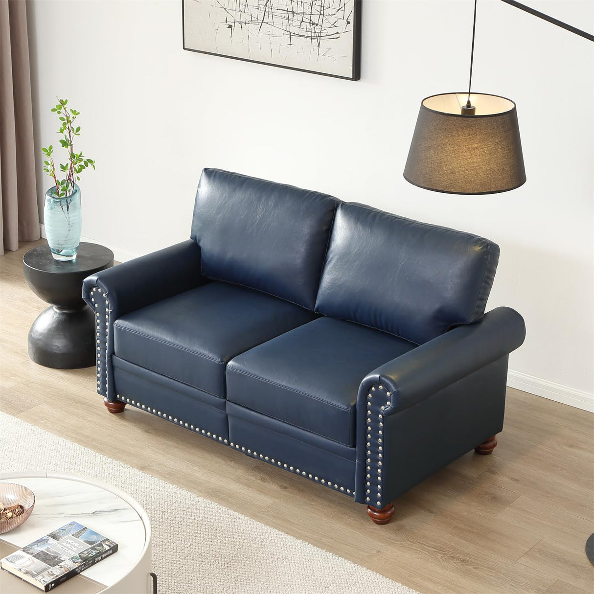 Harper & Bright Designs Faux Leather 2-Seat Loveseat Couch with Hidden Storage Under Seat, Nailhead Trim, Solid Wood Legs, Classical Sofa for Living Room, Office, Apartment, Navy Blue Harper & Bright Designs