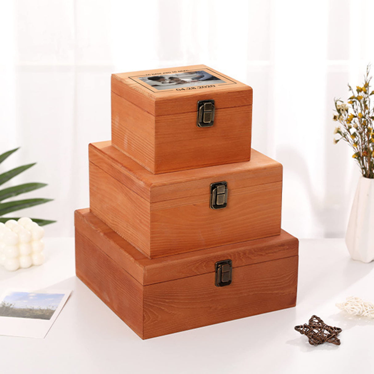 Cooayyaooc Personalized Memory Box with Photo & Text Custom Wooden Keepsake Box with Lids Wood Storage Box Customized Picture, Gifts for Wedding Cooayyaooc