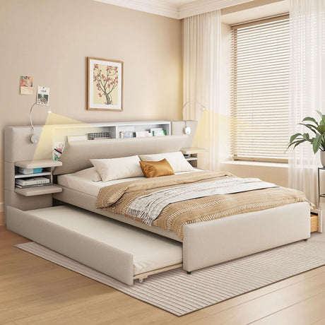 Queen Size Linen Upholstered Platform Bed,Queen Size Bed Frame with Trundle and 2 Storage Drawers,Reading Lights, Storage Headboard,StorageRack,Trundle Bed Frame for Bedroom,Guestroom(Beige) Firscook