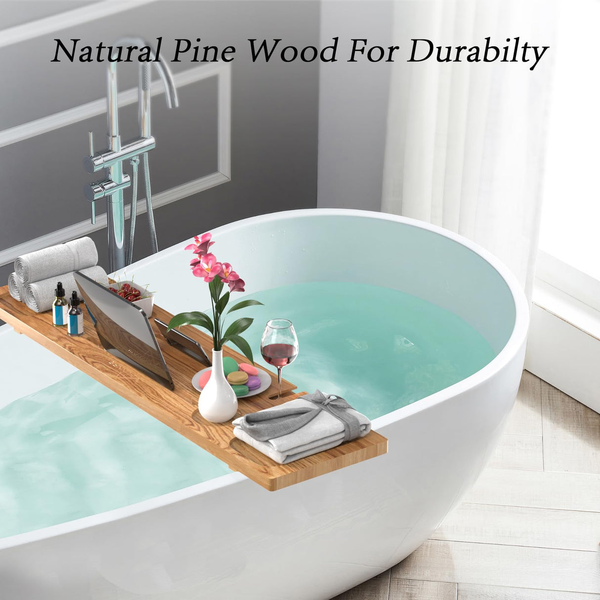 MUNNAR Pine Wood Bathtub Tray, Large Solid Wood Bath Tray, Luxury Anti-Tip Bath Caddy with Adjustable Legs, 35x9 Bath Tray for Tub, Bath Table Tray, Fits for 23"-32.5" Tub, Ideal Gift for Women MUNNAR