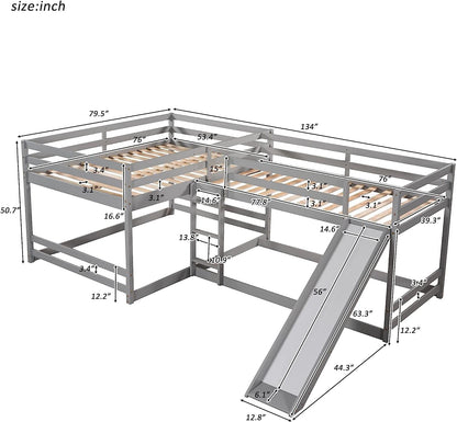 MERITLINE Quad Bunk Beds,Wood L-Shaped Bunk Beds with Slide and Ladder, 4 in1 Full and Twin Size Bunk Bed for Kids, Teens, Adults,Grey