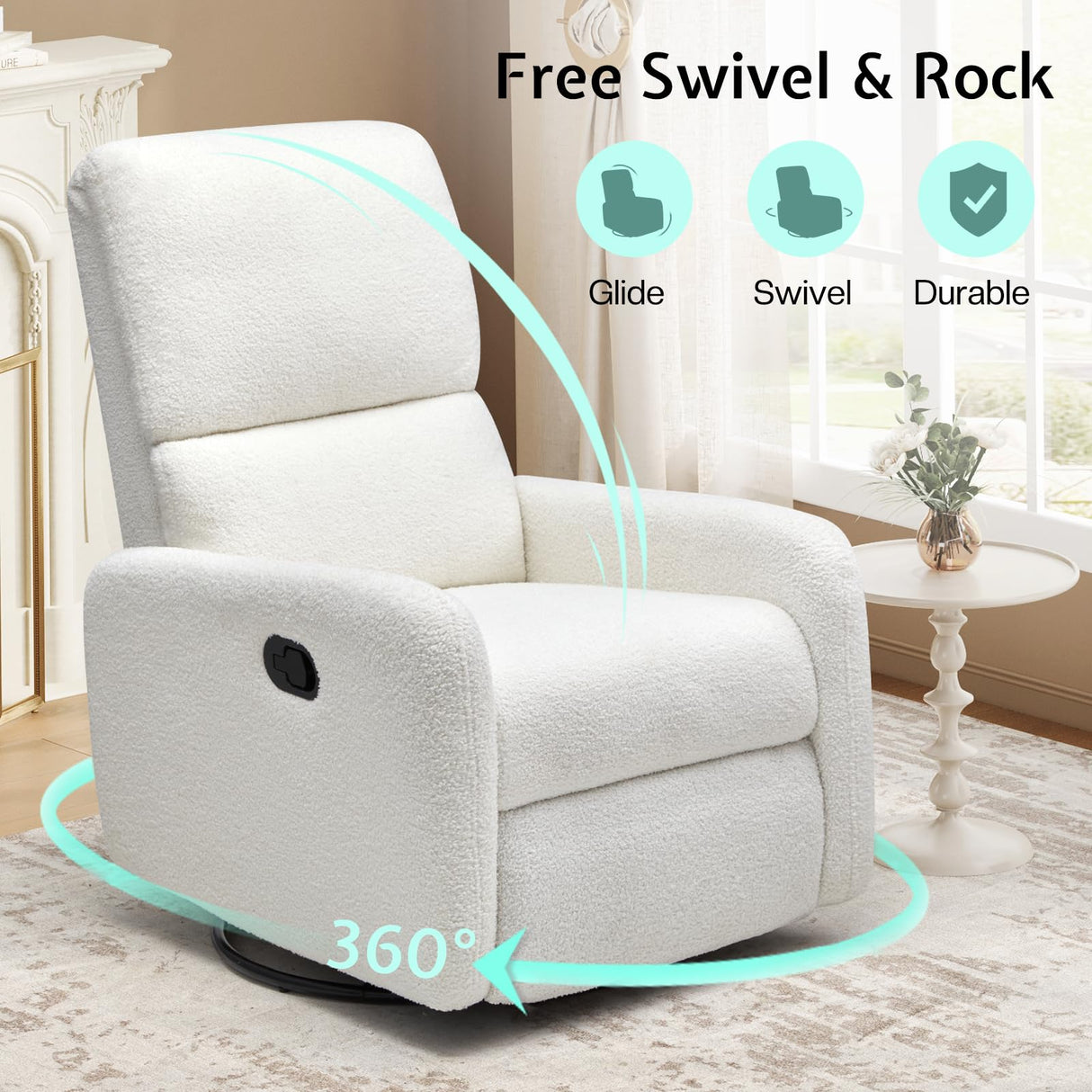 Jocisland Swivel Rocking Chair Nursery Glider Recliner Chairs for Adults, Rocker for Living Room Bedroom, Comfy Upholstered Modern Nursing Reclining Single Sofa, Off-White Teddy Jocisland