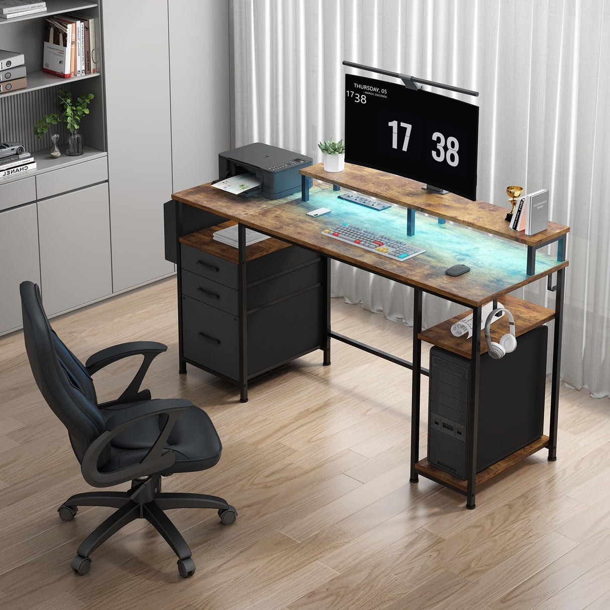 Lufeiya Computer Desk with Fabric File Drawers Cabinet, 55 Inch Home Office Desk with Shelves Monitor Stand, Study Writing Gaming Desks with Led Lights and Power Outlets for Bedroom, Rustic Brown Lufeiya