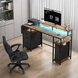 Lufeiya Computer Desk with Fabric File Drawers Cabinet, 55 Inch Home Office Desk with Shelves Monitor Stand, Study Writing Gaming Desks with Led Lights and Power Outlets for Bedroom, Rustic Brown Lufeiya
