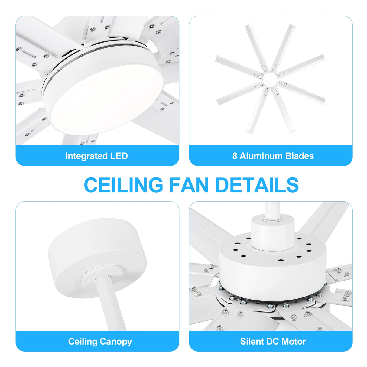 72 inch Ceiling Fans with Lights, Large White Industrial Ceiling Fan with LED and Remote Control, 6 Speeds Reversible DC Motor and 8 Blades Ceiling Fan for Indoor/Outdoor Patio Bedroom Living Room Breezary