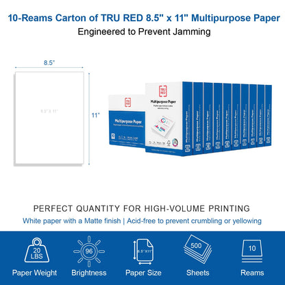 TRU RED Printer Paper, 8.5" x 11" -inch, 20 lbs., 96 Brightness Rating. Matte White Paper Finish (500 Sheets/Ream, 10 Reams/Carton)