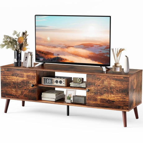 Sweetcrispy TV Stand for 55 60 inch TV, Modern Mid Century Entertainment Center with Storage, Media Console Table 2 Cabinet, Soft Hinge, Handle Door, Wooden Living Room, Office Furniture, Rustic Brown Sweetcrispy