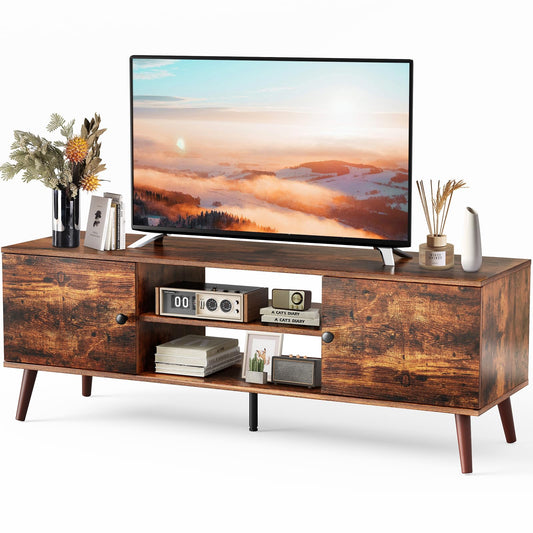 Sweetcrispy TV Stand for 55 60 inch TV, Modern Mid Century Entertainment Center with Storage, Media Console Table 2 Cabinet, Soft Hinge, Handle Door, Wooden Living Room, Office Furniture, Rustic Brown