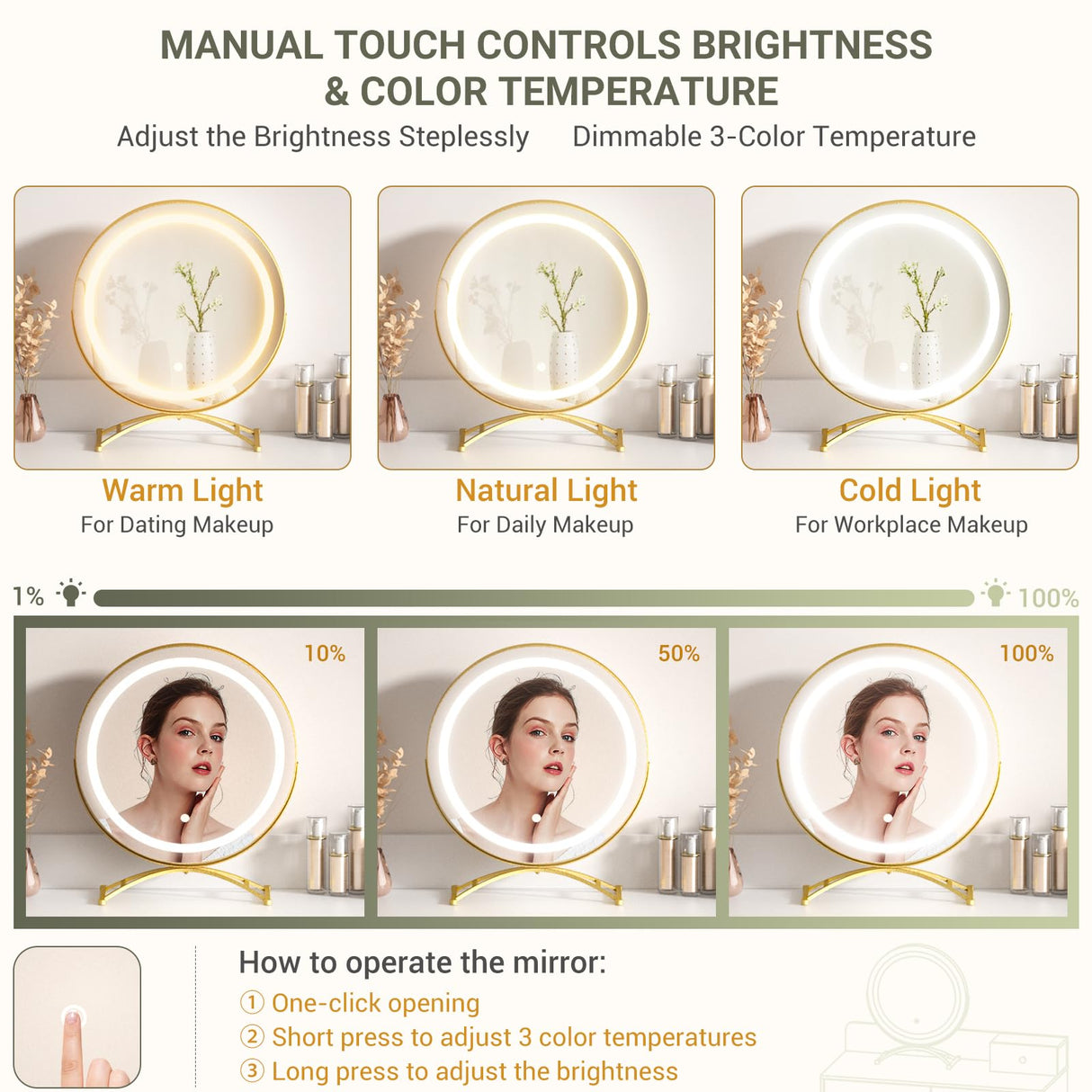 White Vanity Desk with Mirror and Lights, Modern Makeup Vanity Table Set with 6 Storage Drawers and Cushioned Stool for Bedroom, Dressing Table with Divided Organizers for Women Girls, White armocity