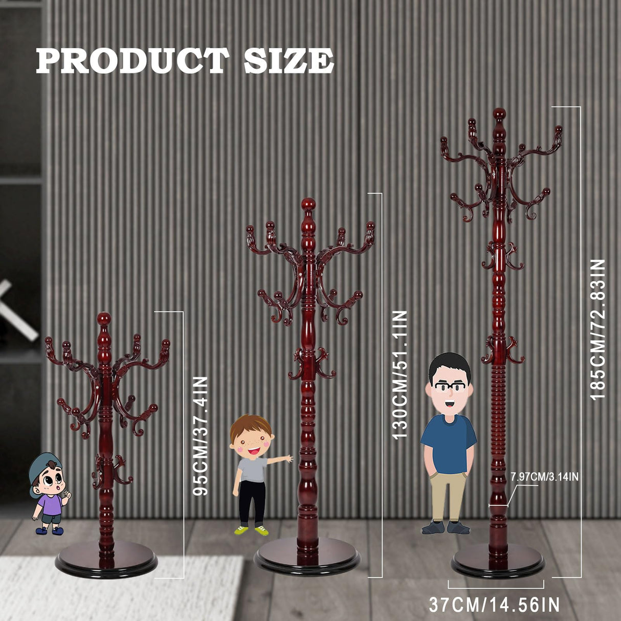 Coat Racks Free Standing with 14 Hooks, Natural Wood Coat Rack with Solid Round Base, Adjustable Height Coat Racks, Easy Assembly for Hallway, Bedroom and Office (Reddish brown) RUFXIEZW