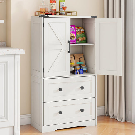 Farmhouse Bathroom Storage Cabinet with 2 Big Drawers and Barn Doors, Kitchen Pantry, Freestanding Storage Cabinet with Adjustable Shelves for Bathroom, Living Room, Kitchen.(Antique White) Befrases