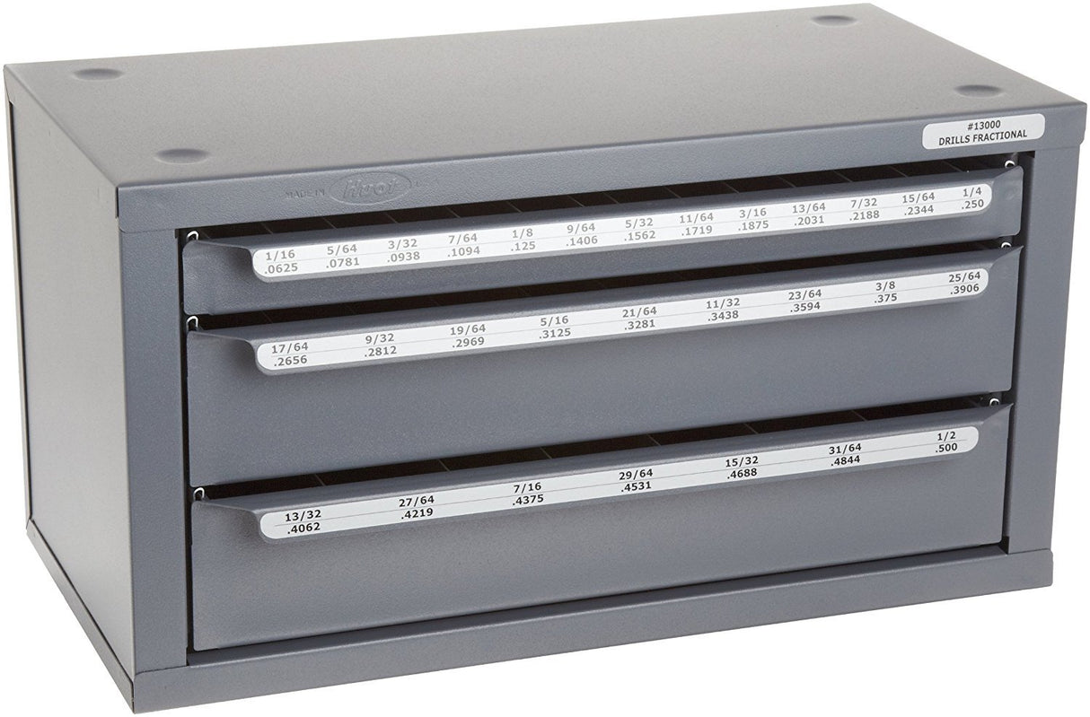 Huot 13000 Three-Drawer Drill Bit Dispenser Cabinet for Jobber Length Fractional Sizes 1/16" to 1/2" in 1/64" Increments Huot Manufacturing