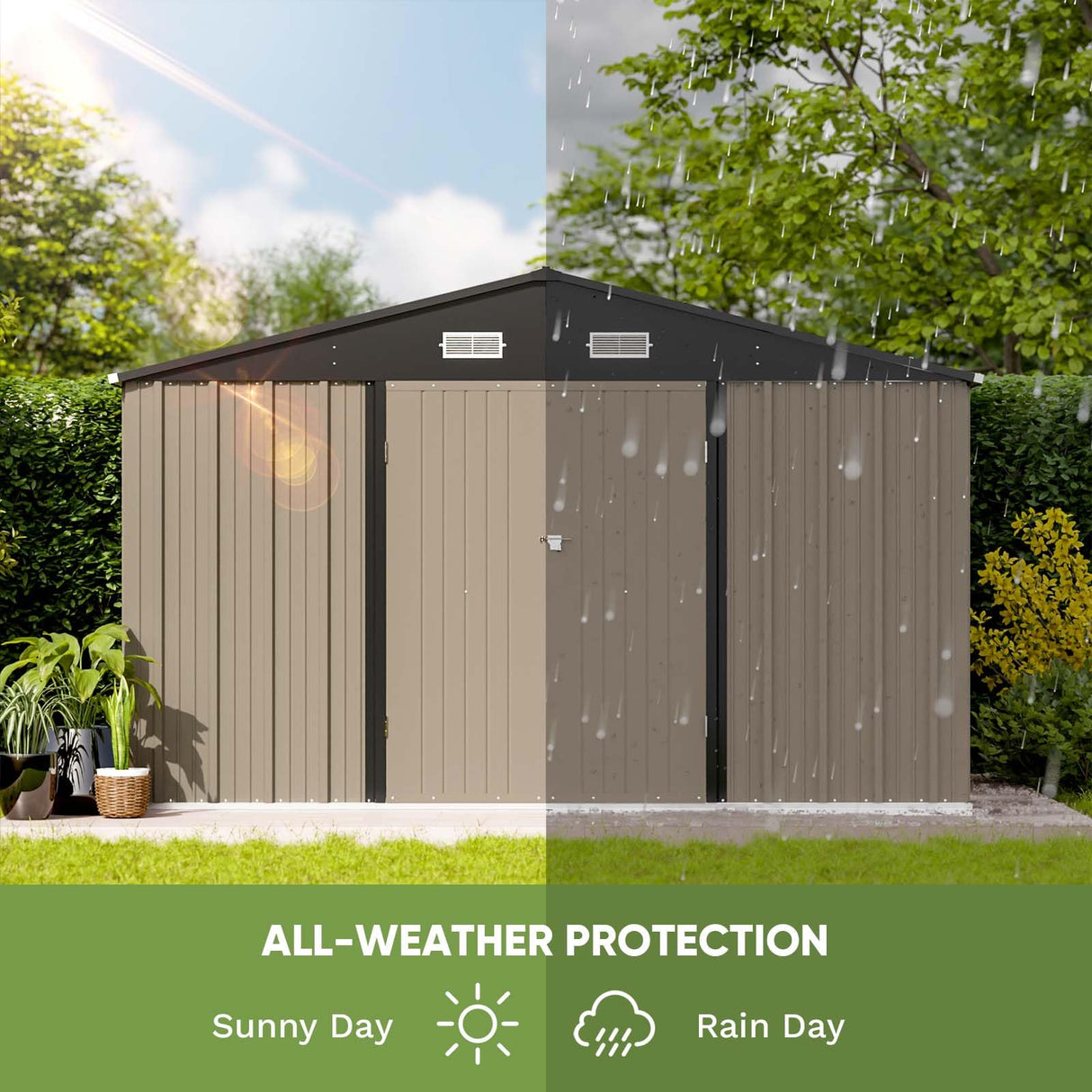 Patiowell 10 x 8 FT Outdoor Storage Shed, Large Garden Tool Metal Shed with Sloping Roof and Double Lockable Door, Outdoor Shed for Backyard Garden Patio Lawn, Brown Patiowell