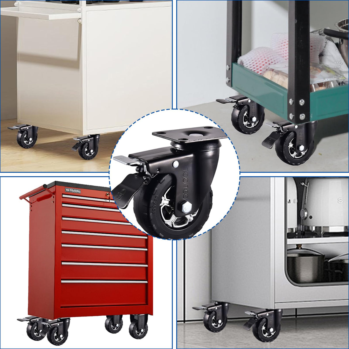 4 Inch Caster Wheels Set of 4 Heavy Duty Natural Elastic Rubber Wheels with Locking 2200Lbs Load Capacity, Silent Swivel 360° Rotation. Ideal for Industrial Carts, Trolleys, Workbenches, and Casters TOO TCO