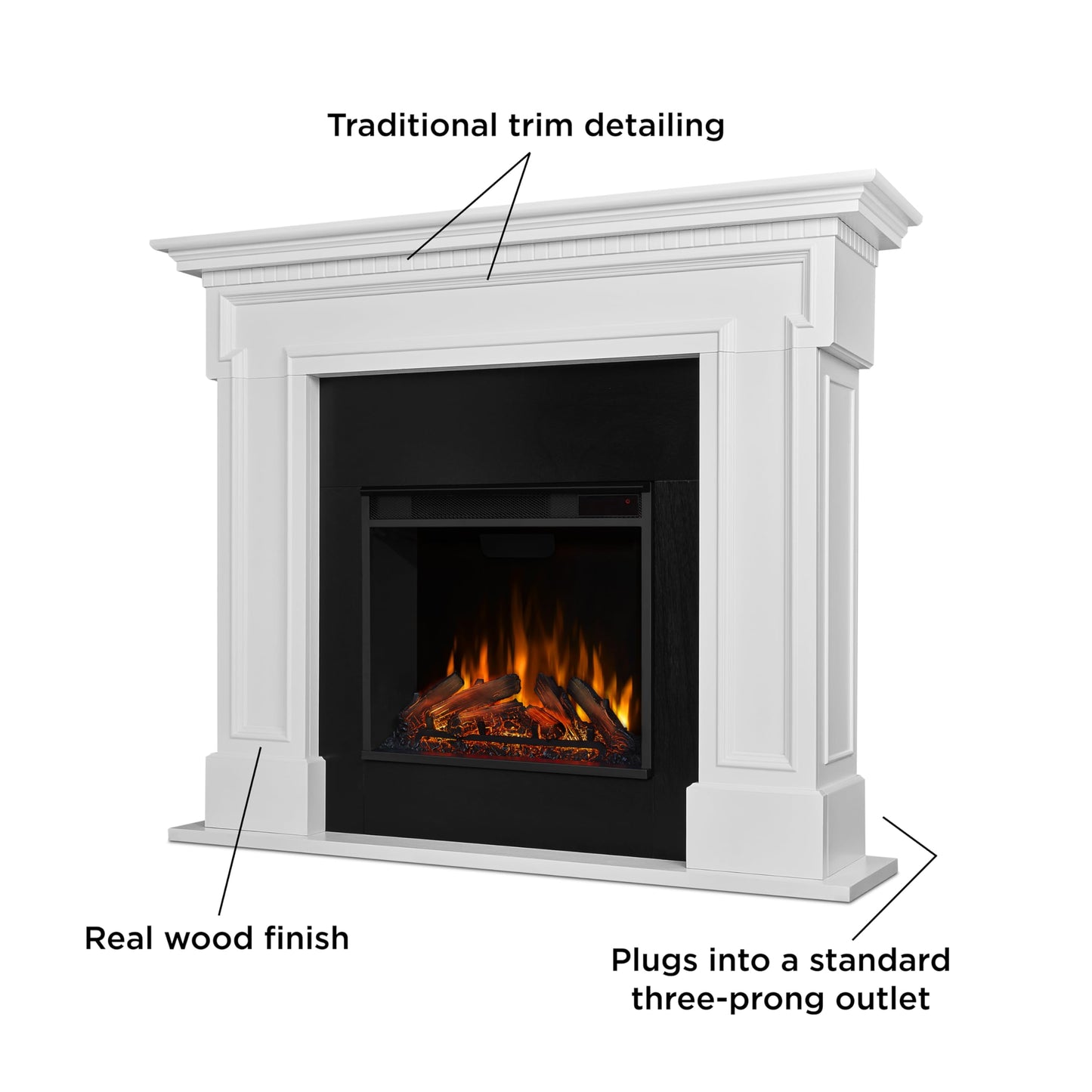 Real Flame Thayer 55” Electric Fireplace with Mantel for Living Room or Bedroom, Replaceable Fireplace Insert Heater, Realistic Log and Flame Effect, Remote Control, Timer, White