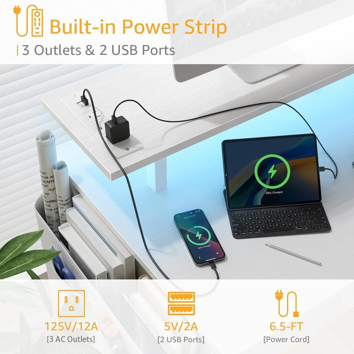 White Computer Desk with Shelves and Drawers - 47 Inch Home Office Desk with Drawers and Shelves, Small White Desk with Shelves, Computer Desk with Monitor Stand, RGB Gaming Desk with Power Outlet DLisiting