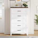 Jocoevol 5 Drawer Dresser for Bedroom - Farmhouse 44.9" Tall Chest of Dresser with Large Storage, Rubst Wood Construction for Living Room, Hallway & Entryway - White (White & Brown) Jocoevol
