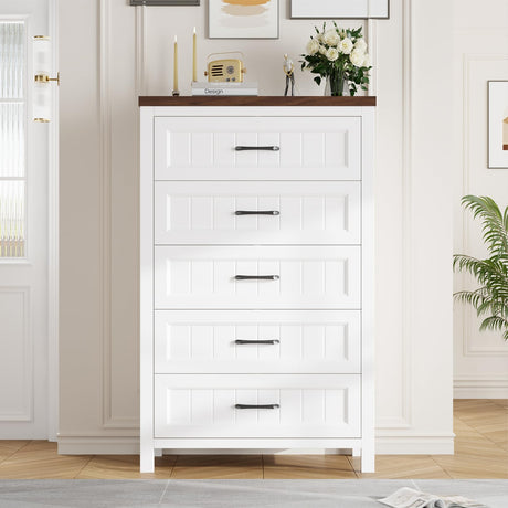Jocoevol 5 Drawer Dresser for Bedroom - Farmhouse 44.9" Tall Chest of Dresser with Large Storage, Rubst Wood Construction for Living Room, Hallway & Entryway - White (White & Brown) Jocoevol