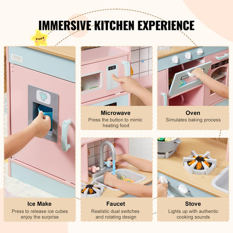 VEVOR Wooden Play Kitchen Toy, Play Kitchen for Kids with Lights and Sounds, Toddler Kitchen with Ice Maker, Oven, Sink, Microwaves, Fridge and Utensil and Fruit Accessory for Toddlers Ages 3-8, Pink VEVOR