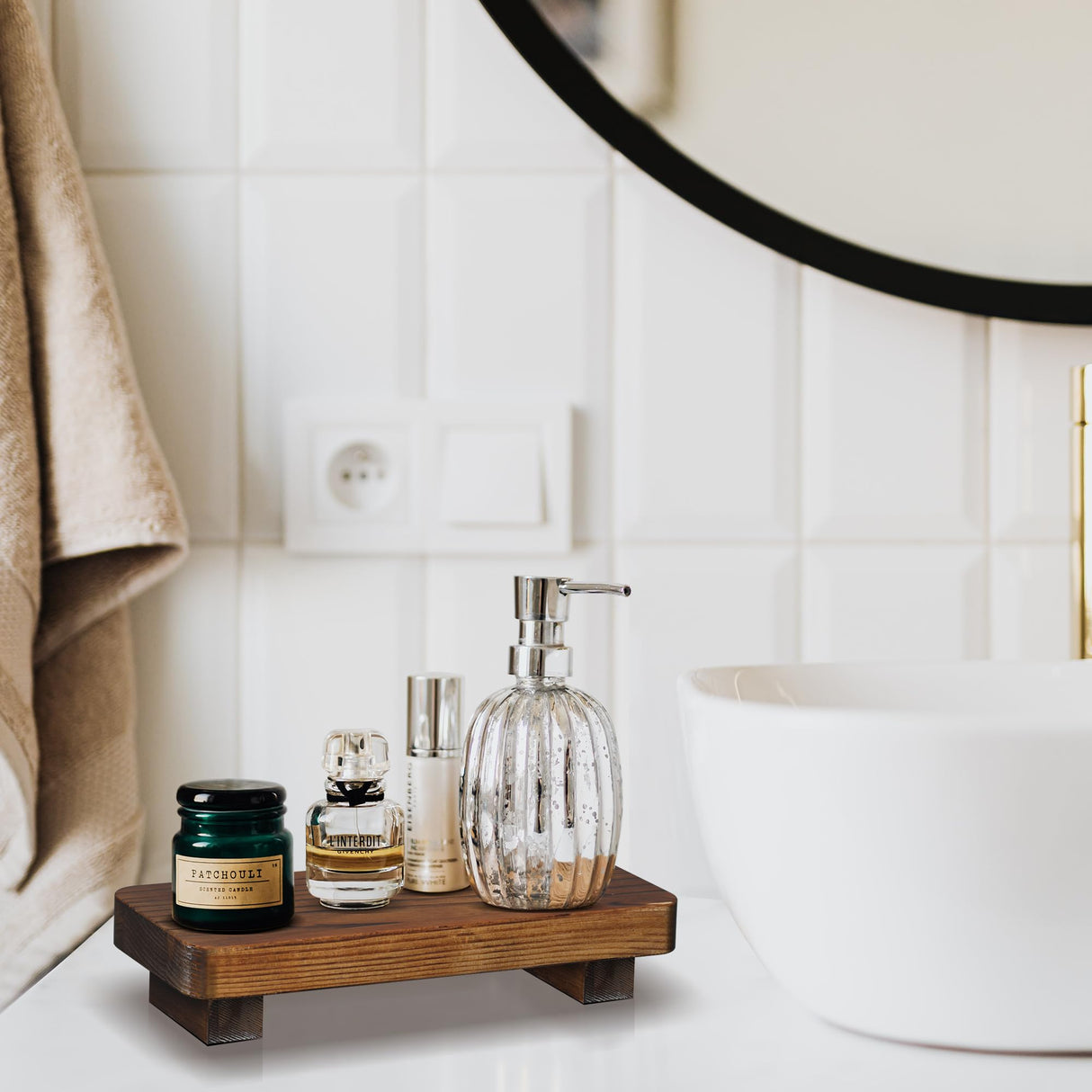 Farmhouse Wood Tray Rustic Wooden Pedestal 9 * 4 * 1.5 inches Decorative Wood Riser for Farmhouse Kitchen Counter Bathroom Room Decor (Dark Brown) Liswit