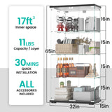 Display Cabinet with Mirror, Glass Door and Lock, 4-Shelf Fast Installation in 30Mins Curio Cabinet with 5mm Tempered Glass Floor Standing Bookshelf for Bedroom, Living Room, 65'' x32'' x14'', Black GDJAASJI