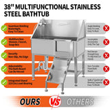 38" Pet Dog Bathing Station W/Ramp, Professional Stainless Steel Dog Grooming Tub W/Floor Grate, Faucet, Dog Bathtub for Large,Medium,Small Pets, Washing Sink for Home,R-Door RIGMEC