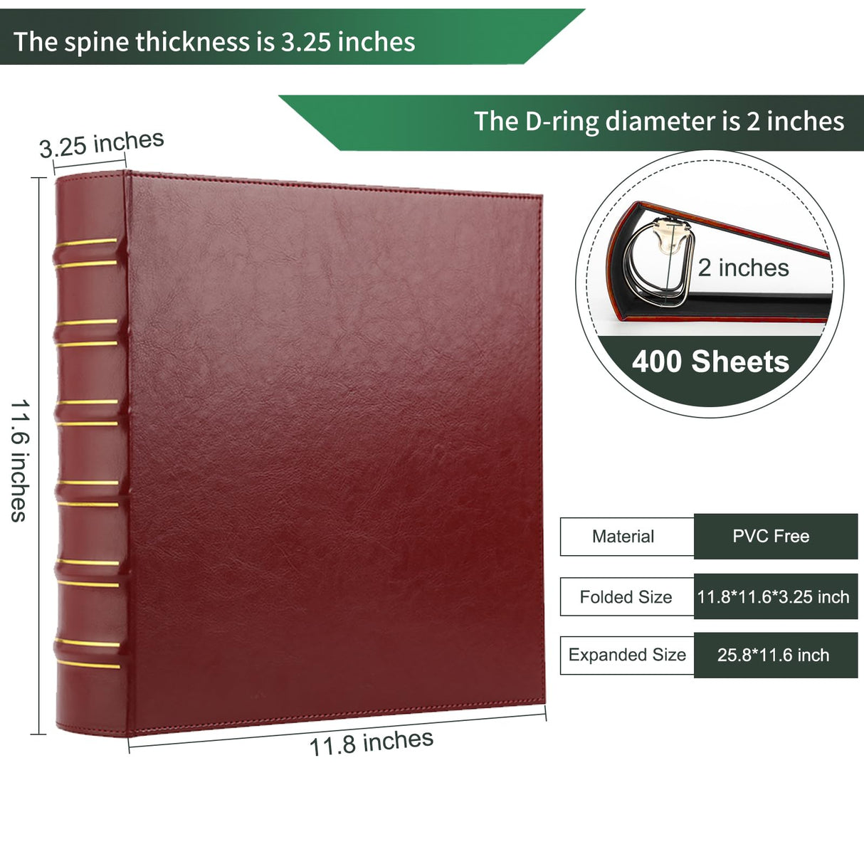 Vintage 3 Ring Binder, 2 Inch Capacity D Ring Leather Binder, Classical Collection Executive Presentation View Binder with Pocket, Professional Binder Organizer Planner (Holds 400 Sheets), Dark Red LETVPVOW
