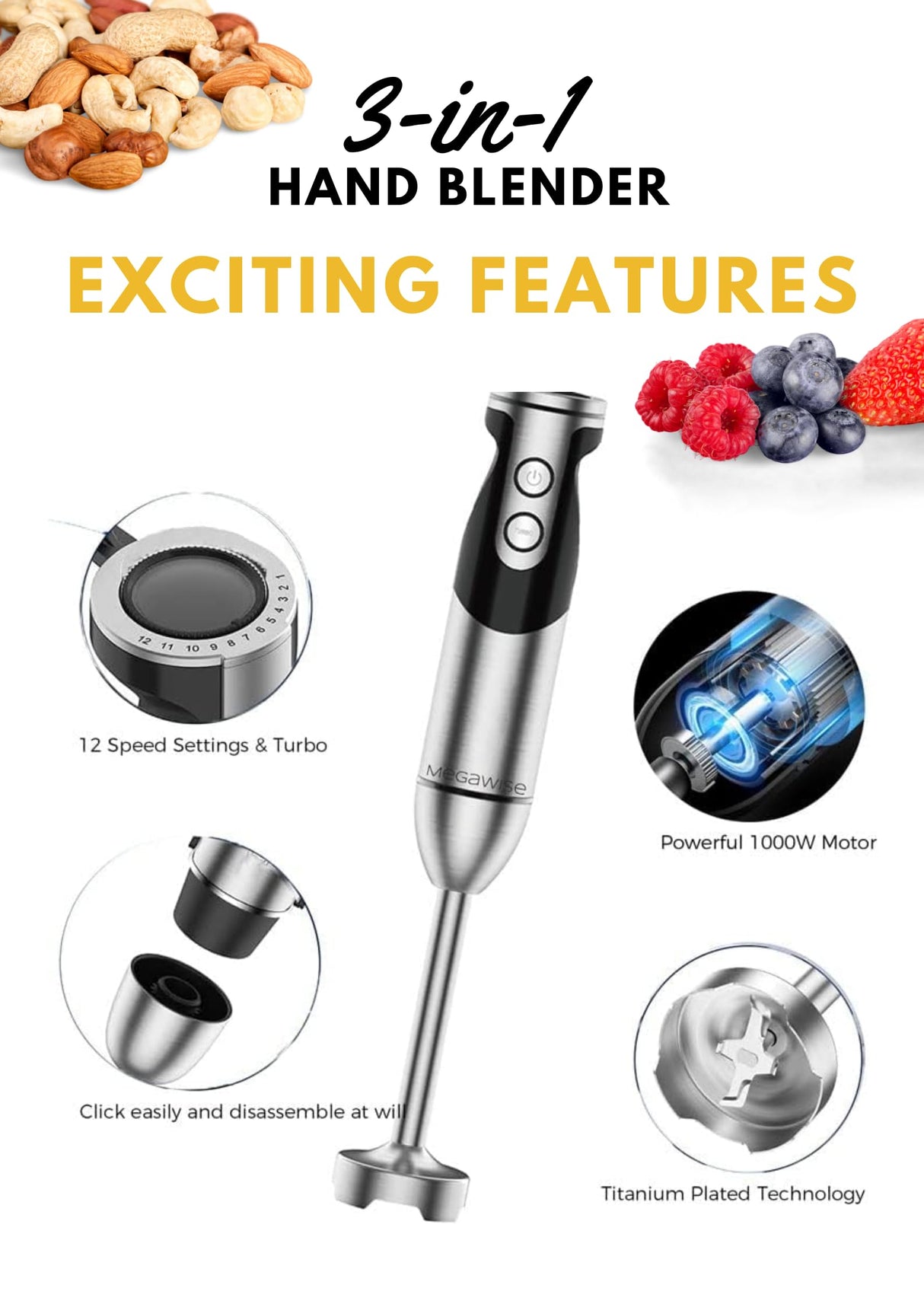 MegaWise Stainless Steel Titanium Reinforced 3-in-1 Immersion Hand Blender, Powerful with 80% Sharper Blades, 12-Speed Corded Blender, Including Whisk and Milk Frother (3-in 1 Black) MEGAWISE