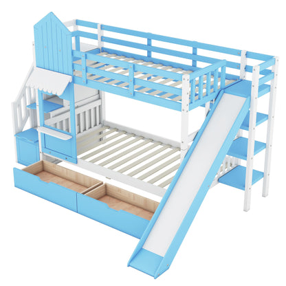 Harper & Bright Designs Twin Over Twin Bunk Bed with Stairs and Slide, Solid Wood Bunk Bed Frame with Storage Drawers and Bookshelf, for Kids Teens Girls Boys (Blue)