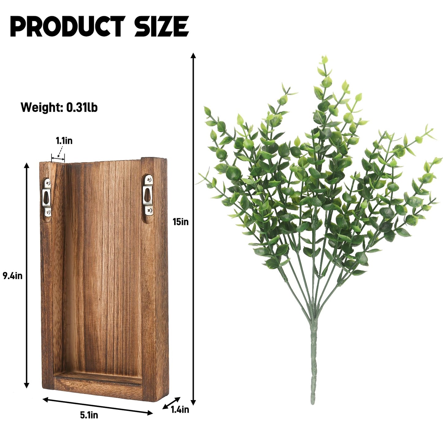 2 Pack Wood Wall Planter Vase with Artificial Eucalyptus, Modern Indoor Wall Hanging Decor for Home Living Room Bedroom Farmhouse Wooden Pocket Vases for Dried Flowers and Faux Greenery Plant - WoodArtSupply