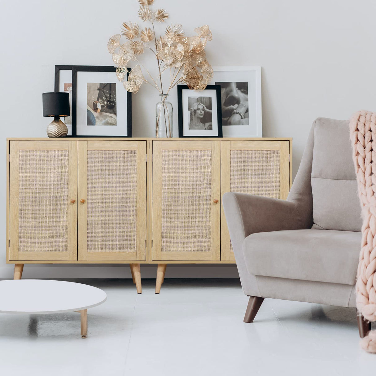 EOYUTLLY Sideboard Buffet Cabinet with Storage, Kitchen Storage Cabinet with Rattan Doors, Rattan Cabinet with Adjustable Shelves for Hallway, Living Room, 31.5 x 15.7 x 35 Natural, Assemble Easily EOYUTLLY