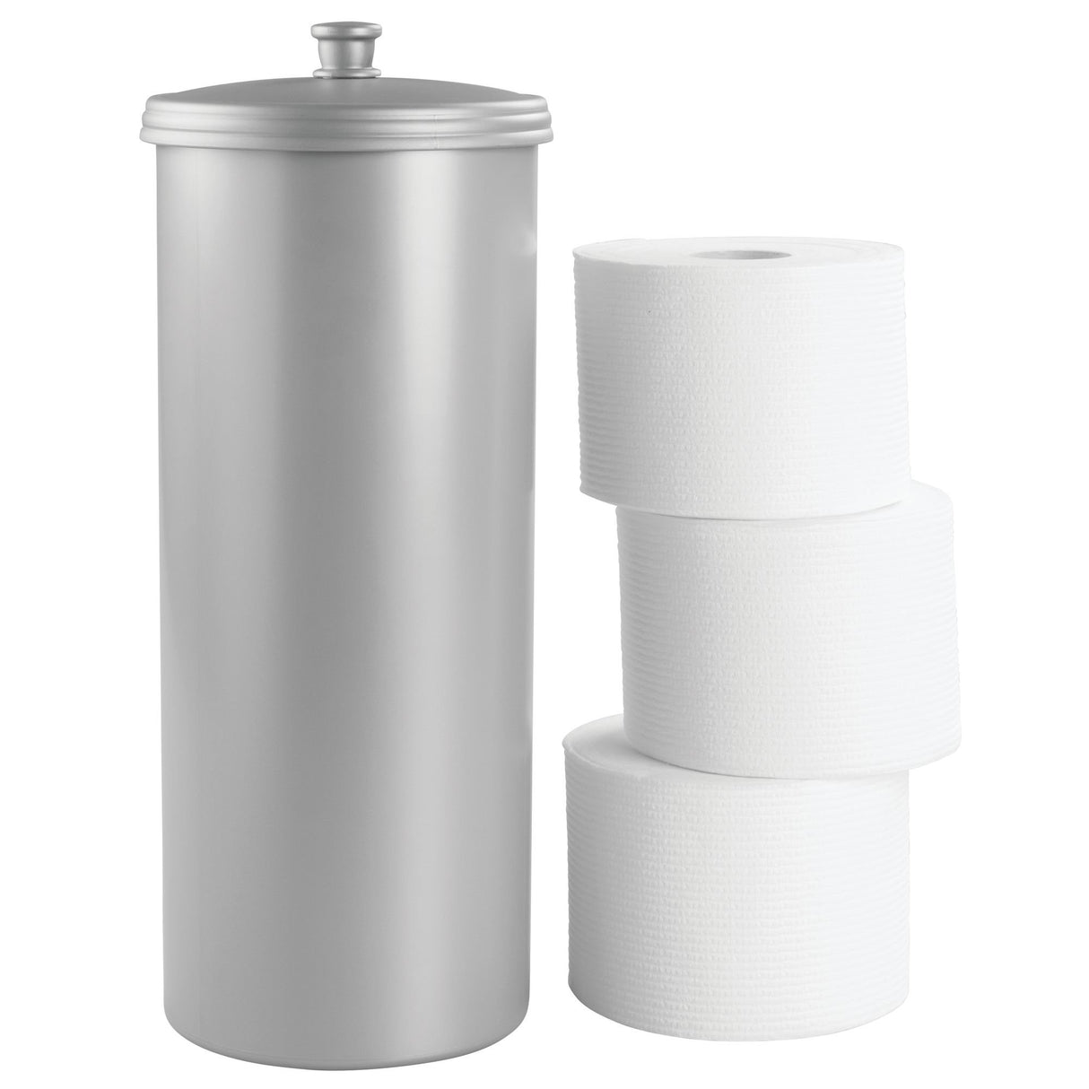 InterDesign Kent Plastic Toilet Paper Tissue Roll Reserve Canister, Free-Standing Organizer for Master, Guest, Kid's, Office Bathroom or Closet, 6.5" x 6.5" x 15.5", Silver InterDesign