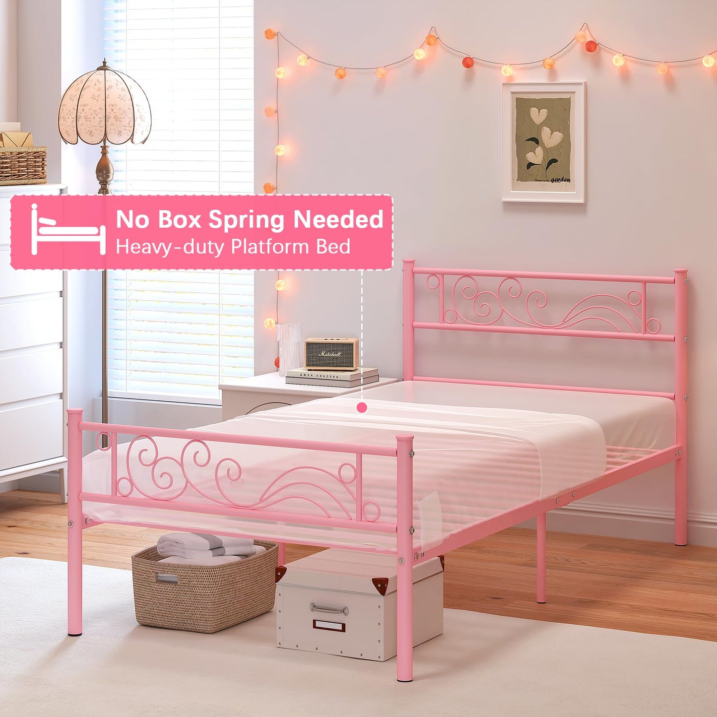 Weehom Twin Bed Frames Metal Platform Heavy Duty Steel Slat Under Bed Storage for Kids Pink