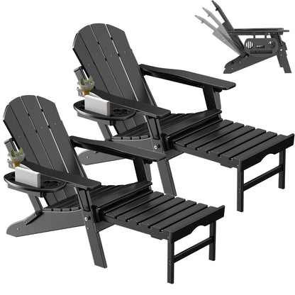 NAVINE Adjustable Adirondack Chair Set of 2 with Ottoman, Folding Adirondack Chair, HDPE Adirondack Chair with Multifunctional Cup Holder Trays for Deck, Terrace, Patio, Poolside, Fire Pit. - WoodArtSupply