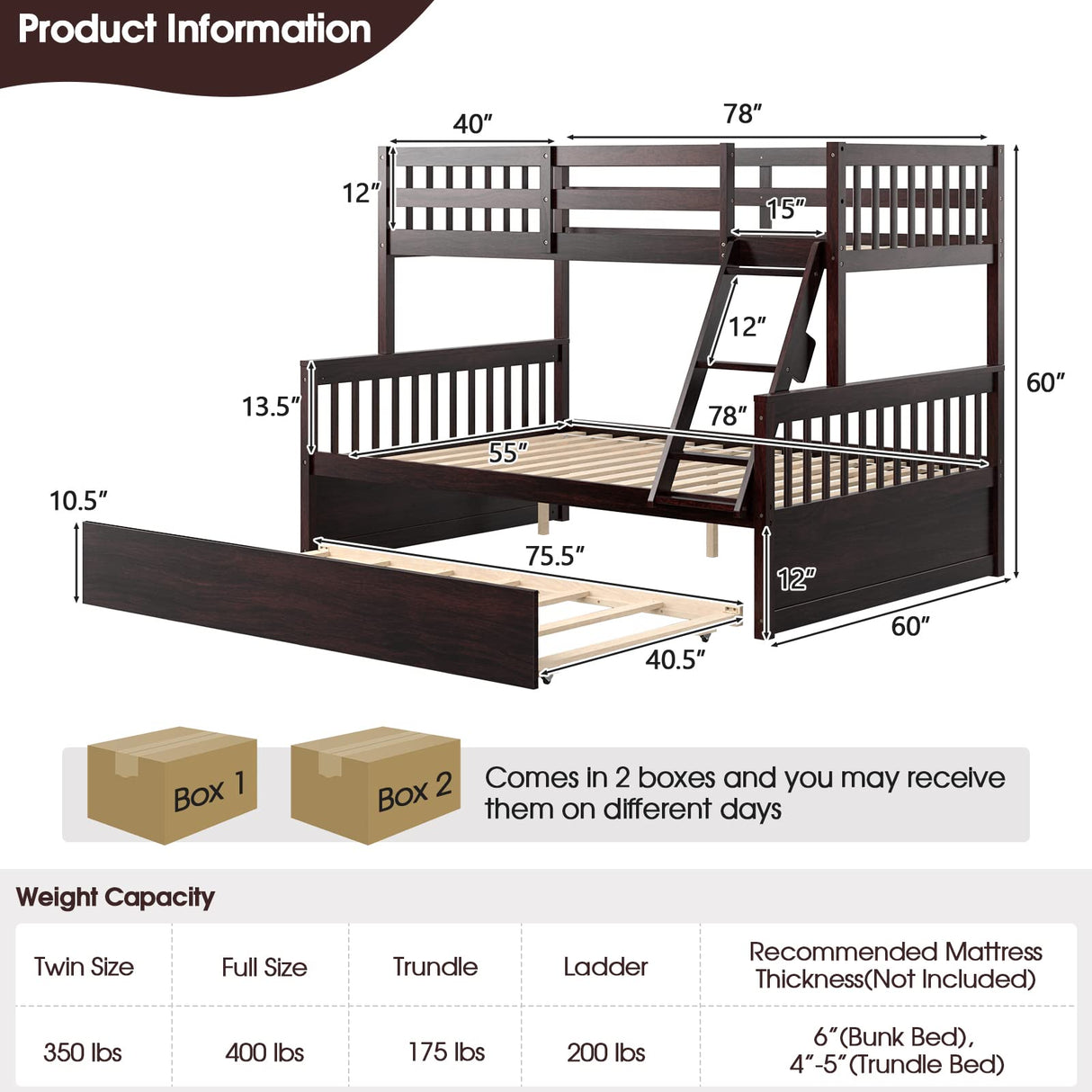 KOMFOTT Wood Twin Over Full Bunk Bed with Trundle, Bed Frame with Solid Pine Wood Frame, Space-Saving Bunk Bed with Ladder & Safety Guardrails, No Box Spring Needed KOMFOTT