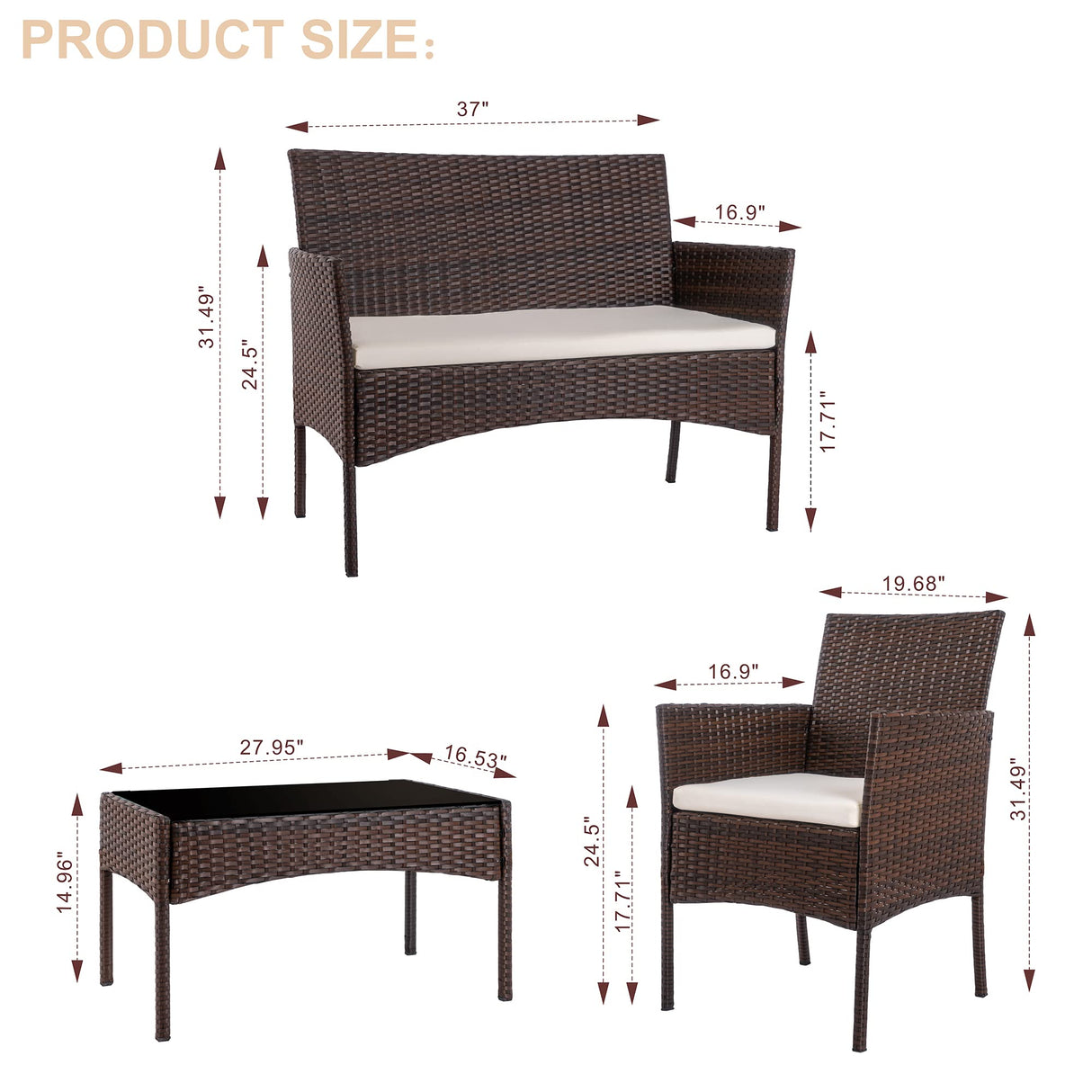 Shintenchi 4 Piece Outdoor Patio Furniture Set, Wicker Rattan Patio Conversation Set, Outdoor Chairs and Loveseat with Coffee Table for Porch, Yard & Poolside (Brown) Shintenchi