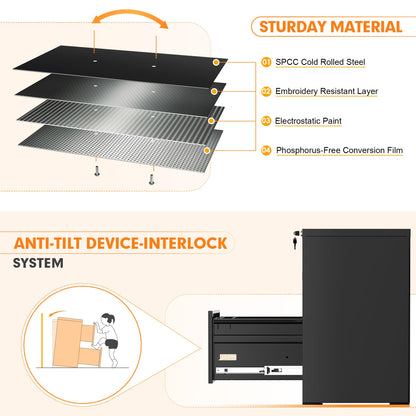 INTERGREAT 2 Drawers File Cabinet with Lock, 18" D Vertical Filing Cabinet for Home Office, Metal Black File Cabinet for Hanging Letter/F4/A4/Legal Folders, Easy Assemble - WoodArtSupply