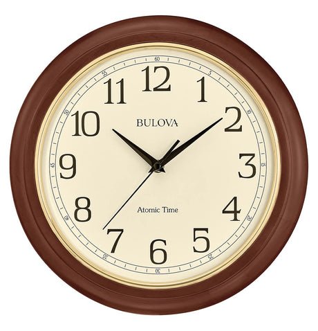 Bulova Atomic Time 2 Analog Wall Clock C5004 | 12.4" Wooden Frame, Sets Time Automatically | Quartz Movement | Battery Operated | Classic Design Bulova