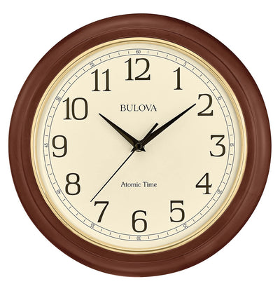 Bulova Atomic Time 2 Analog Wall Clock C5004 | 12.4" Wooden Frame, Sets Time Automatically | Quartz Movement | Battery Operated | Classic Design